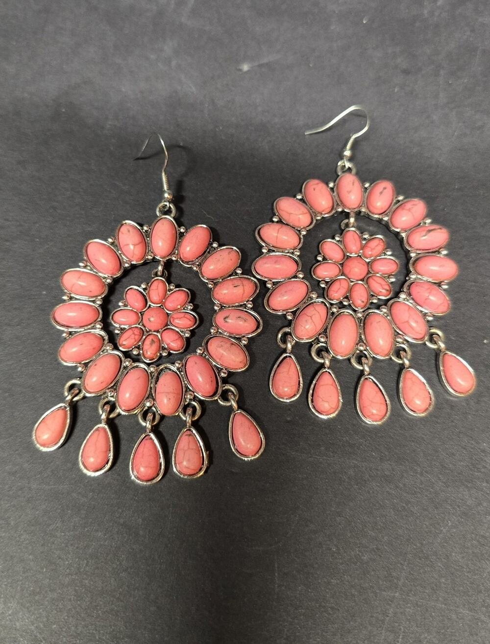 Big Pink Flower Chandelier Dangle Drop Earrings Womens French Wire Boho Jewelry